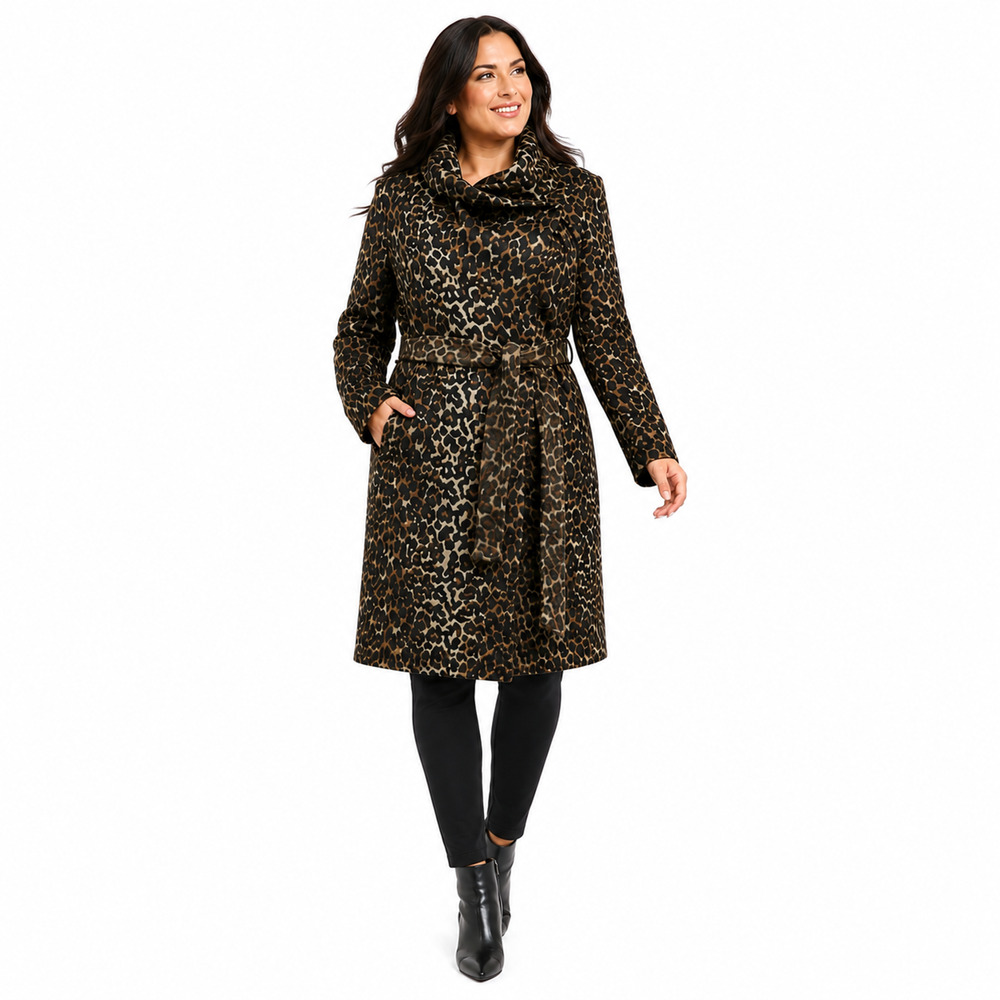 Fashion to Figure Women Coat Size 0(XL) Belted Wrap Jacket Animal Print Chic